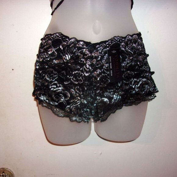 Youmita 40C Black Metallic Lace Bra & XL Caged Coordinating Boyshorts NWT - Picture 11 of 14